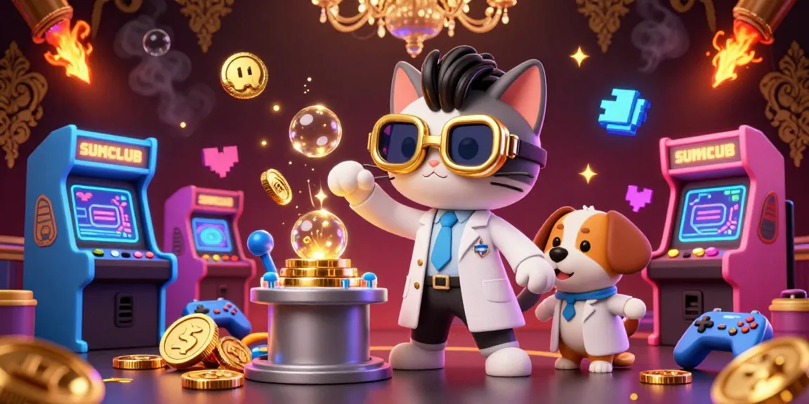 Experience thrilling moments at SUMCLUB with mad scientist cat and assistant amid glowing casino excitement.