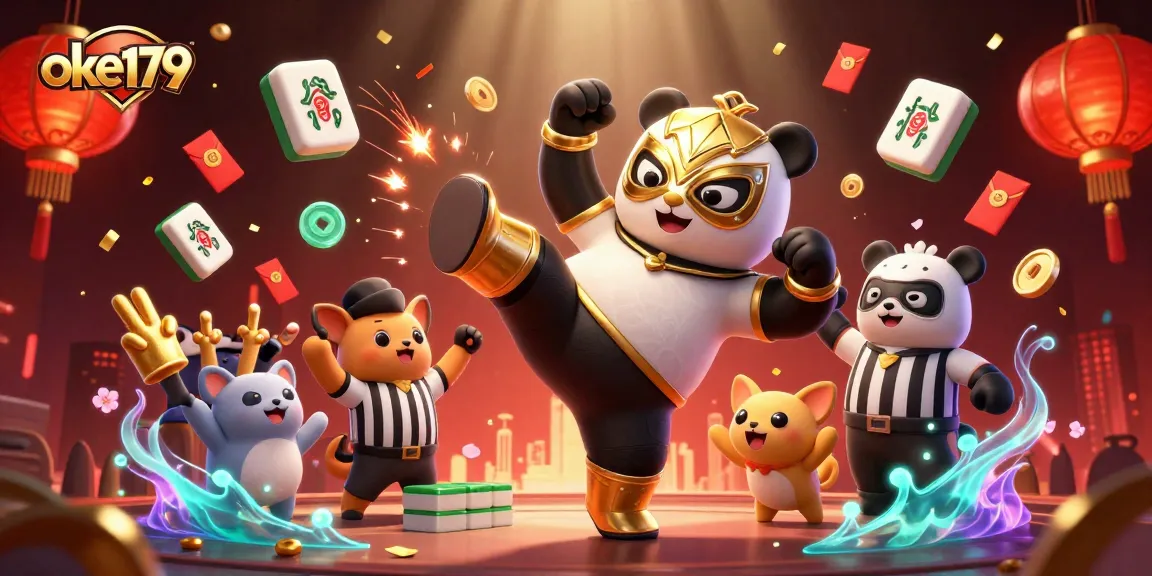 Experience thrilling action at oke179 with a cartoon panda wrestler and energetic animal crowd.
