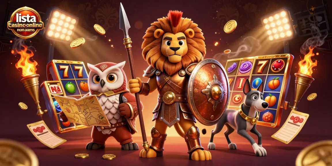 Immergiti nella lista casino online non aams con un leone spartano, un gufo stratega e un levriero, tra simboli di slot e premi.