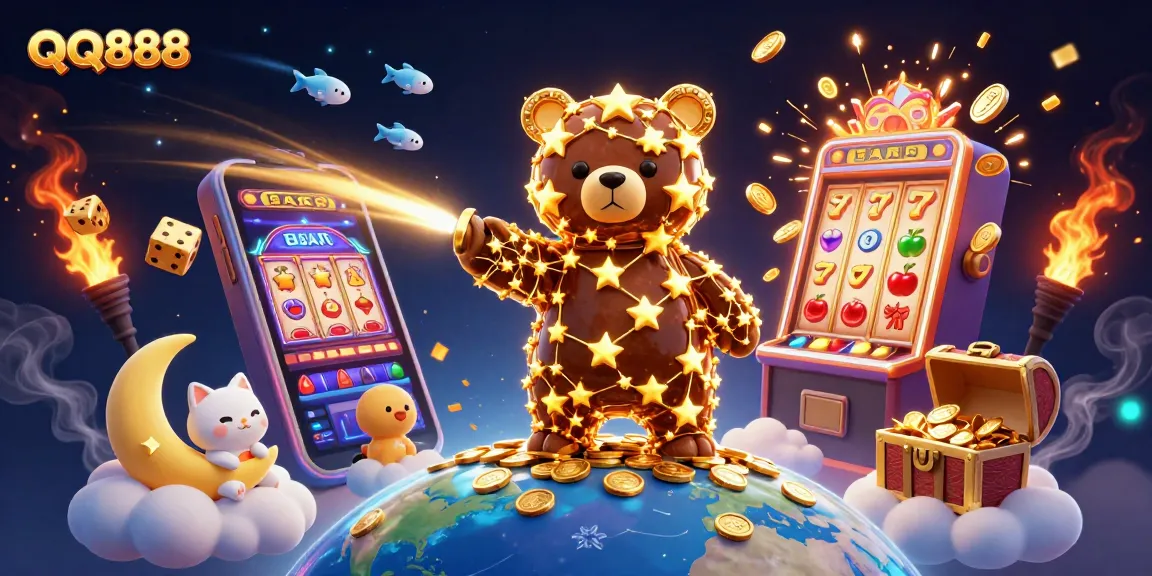 Experience thrilling excitement with QQ888 featuring jackpot wins, golden stars, and dynamic casino elements.