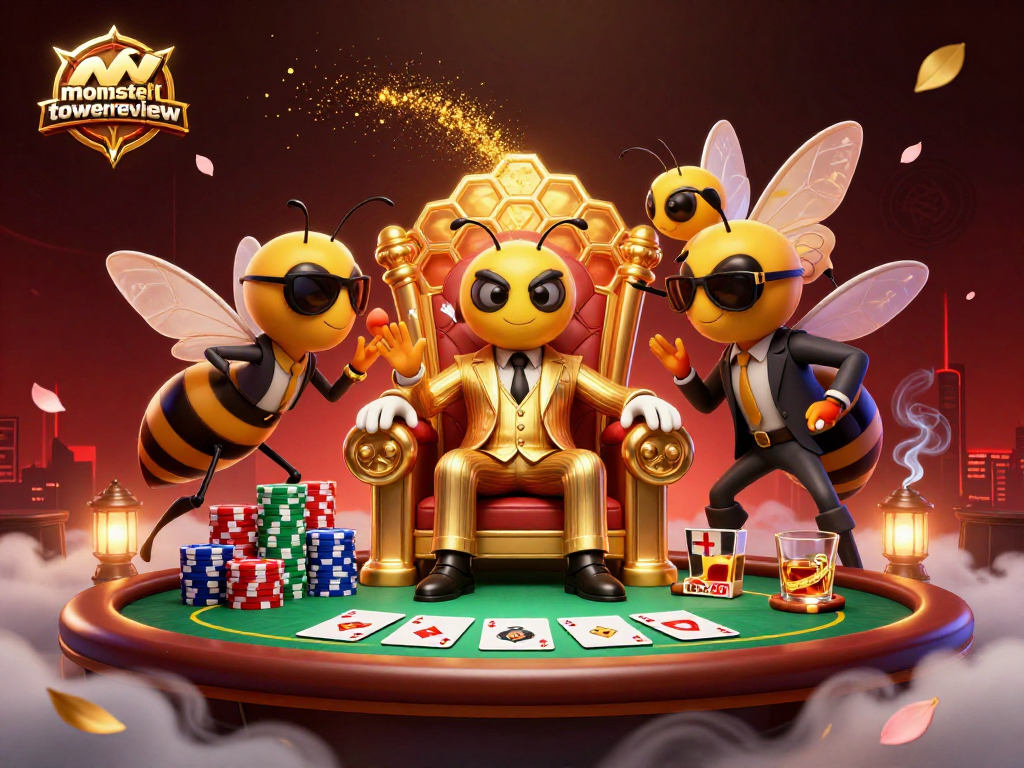Engage in thrilling strategy with monstertowerreview as the cartoon mob boss leads in a vibrant poker scene.