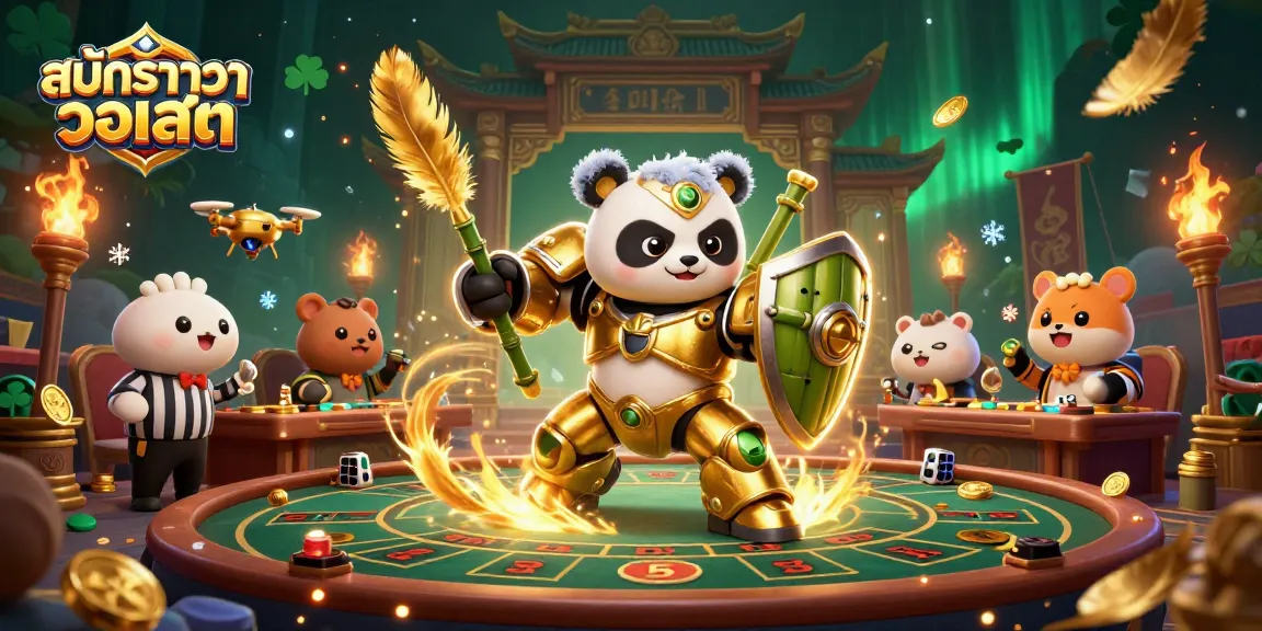 Play baccarat with excitement in a vibrant scene featuring สมัครบาคาร่า วอเลท, golden panda in a mech-suit.