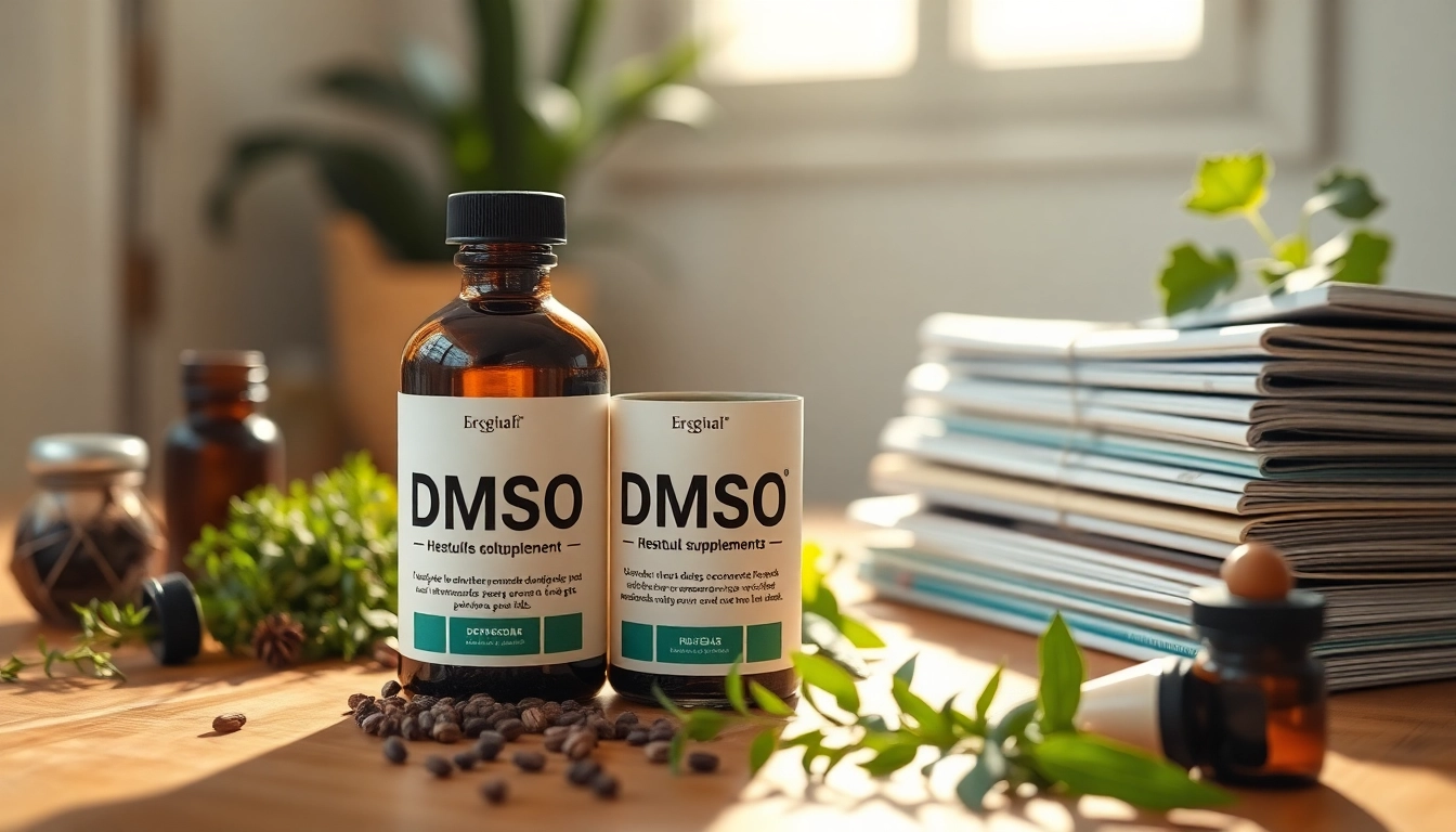 Showcase the DMSO supplement bottle amidst natural remedies, conveying wellness.