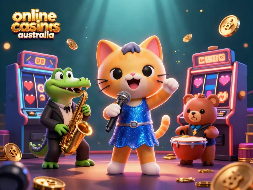A captivating scene from online casinos australia featuring a jazz-singer cat, a crocodile with a saxophone, and a drum-playing bear cub, all amidst dynamic casino themes.