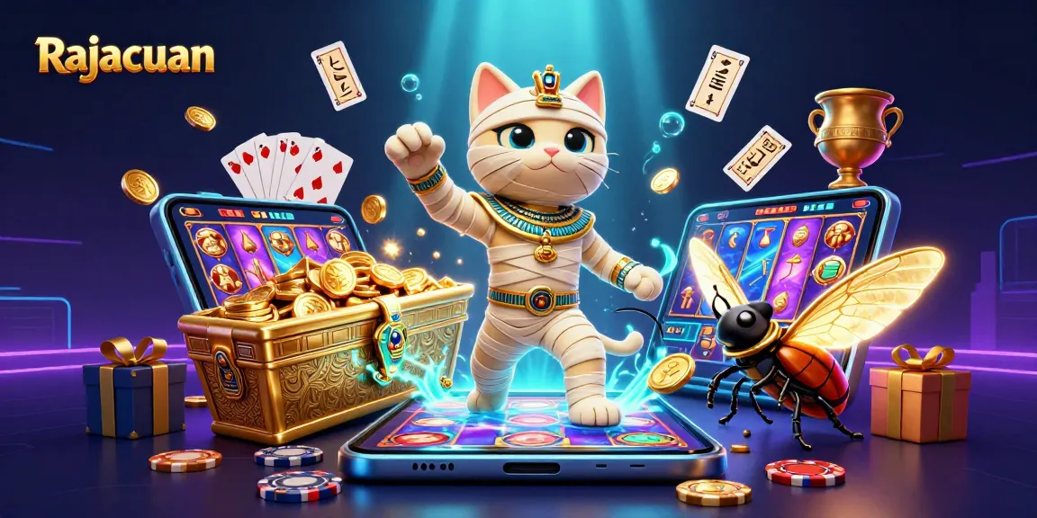 Rajacuan menghidupkan suasana kasino dengan karakter kucing mummy 3D dan elemen slot yang menarik.
