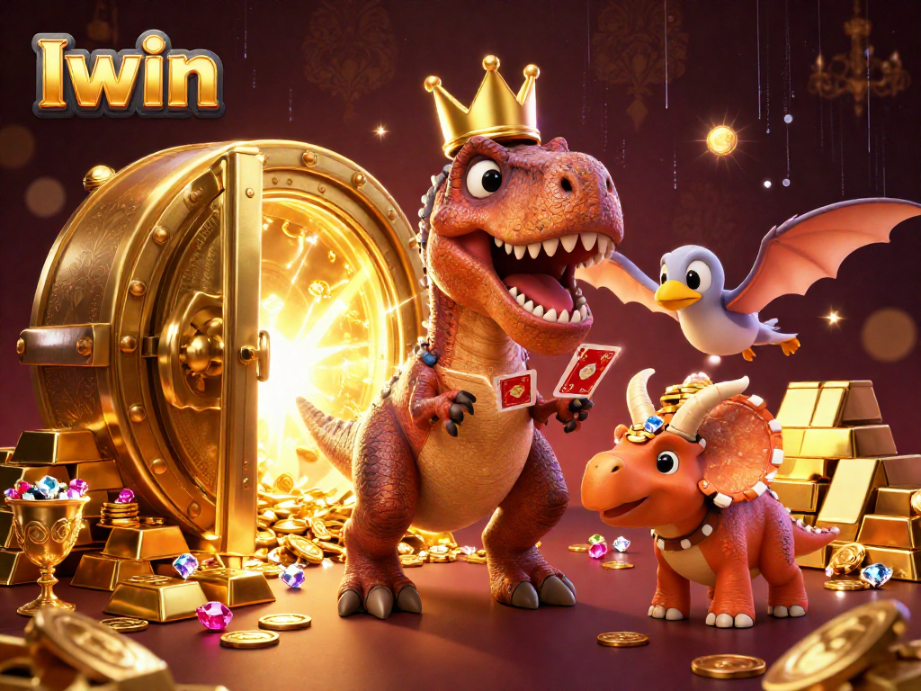 Iwin T-Rex shuffling cards while a pterodactyl assists amidst golden casino treasures