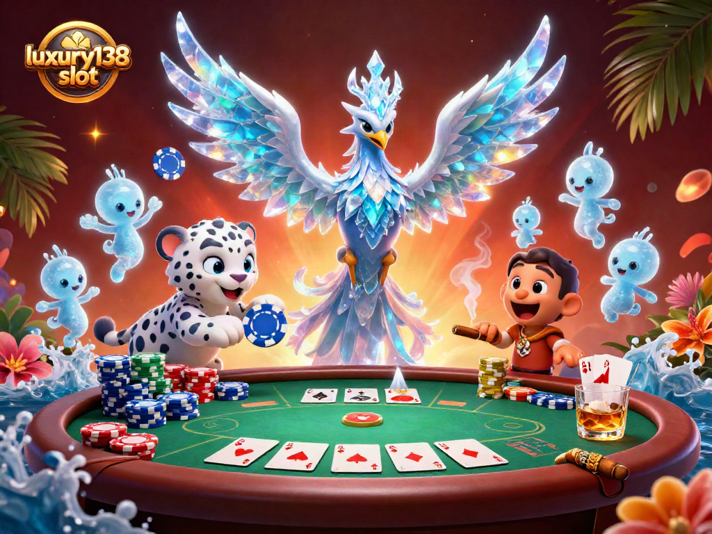 Mainkan luxury138 slot dengan phoenix es dan anak harimau bersalju di meja poker yang megah.