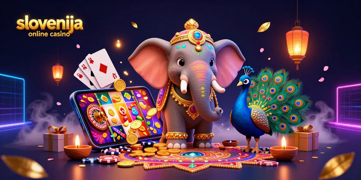 V začetku iger slovenija online casino s 3D ilustracijo slona in ponjave na barvni platformi.