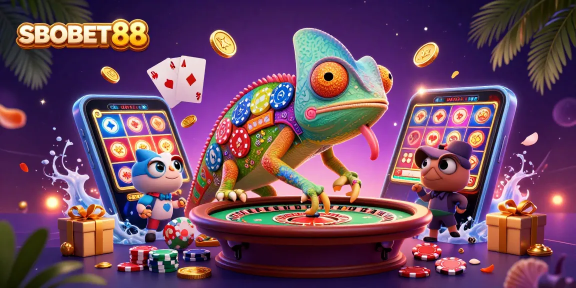 Permainan SBOBET88 menghidupkan pengalaman kasino online dengan chameleon kasino berwarna cerah menangkap koin emas.