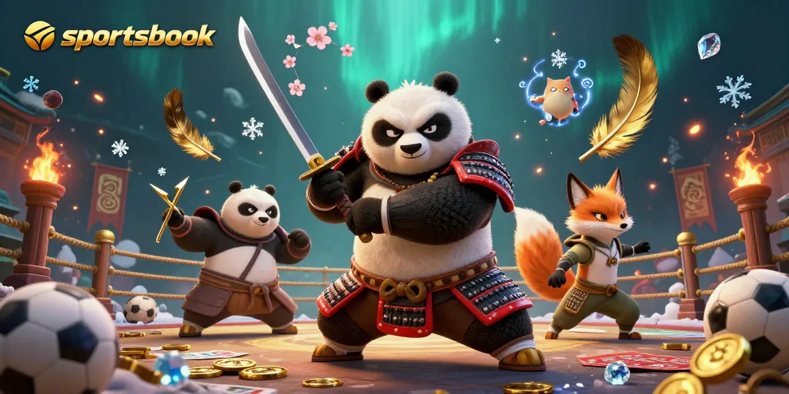 Engage with the sportsbook action, featuring a samurai panda and ninja fox in a thrilling dynamic scene.