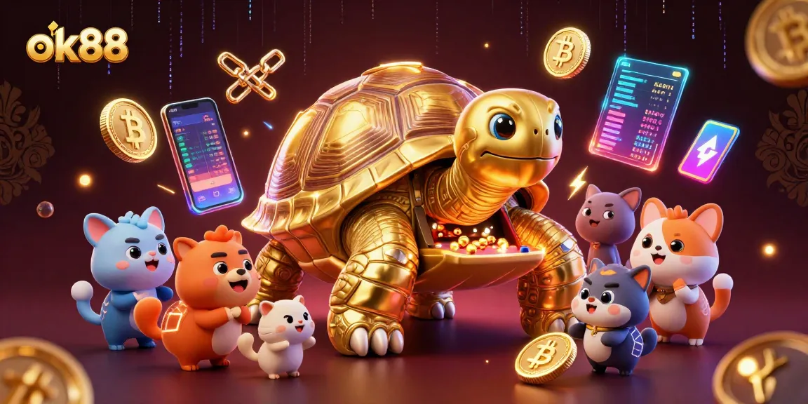 Engage with ok88's vibrant casino adventures featuring a colossal golden tortoise pinball machine.