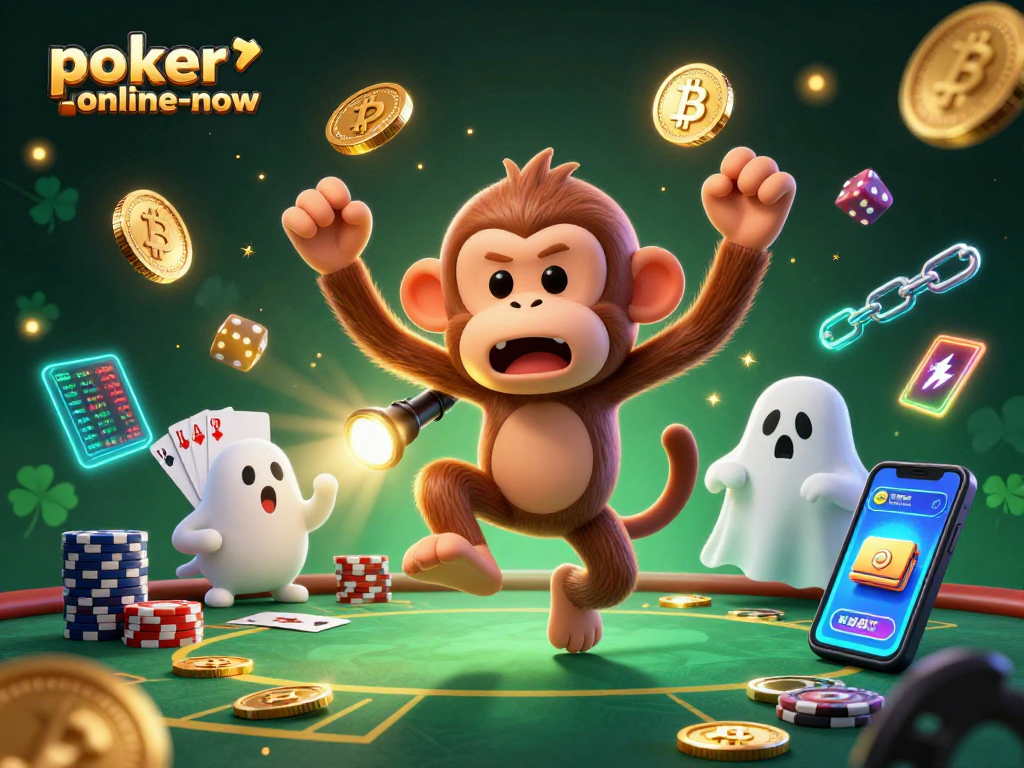 Engage in poker-online-now with this thrilling scene featuring a poltergeist monkey and ghost-hunter puppy at a haunted casino.