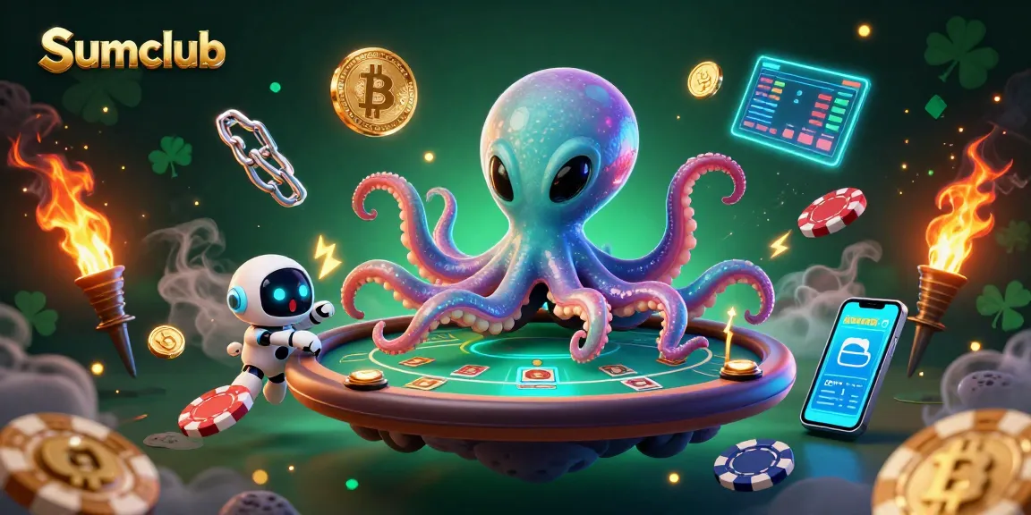Engage with Sumclub's alien octopus dealer at a holographic poker table in a vibrant cosmic casino scene.