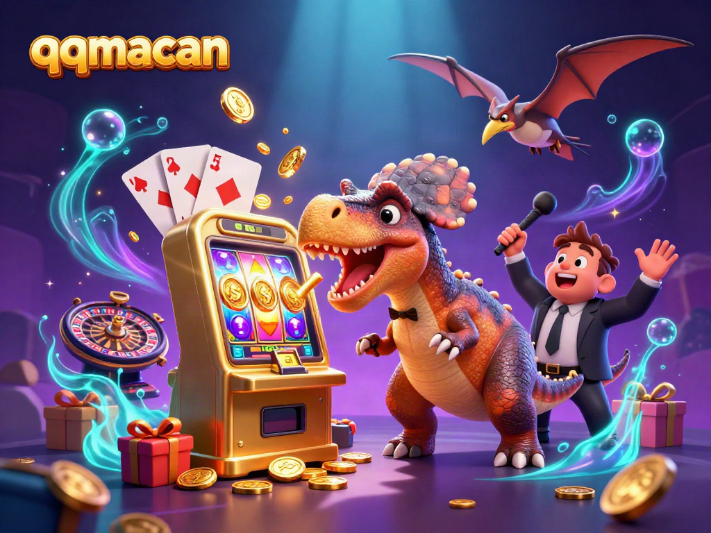 Experience thrilling jackpots at qqmacan with a dynamic casino scene featuring cartoon dinosaurs and slot machines.