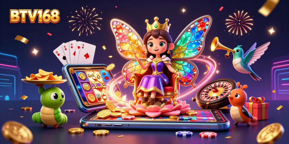 Play at BTV168 with a vibrant 3D casino scene filled with detailed characters, slot games, and festive elements.