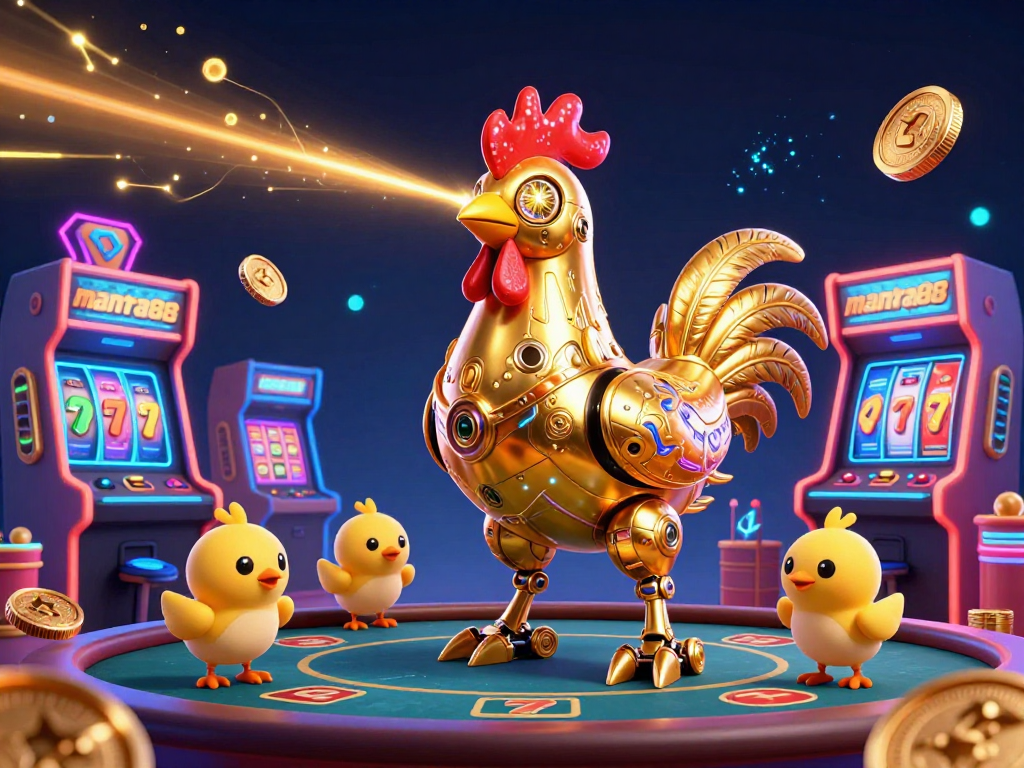 Experience the vibrant world of mantra88 with a golden rooster robot and engaging casino game elements.