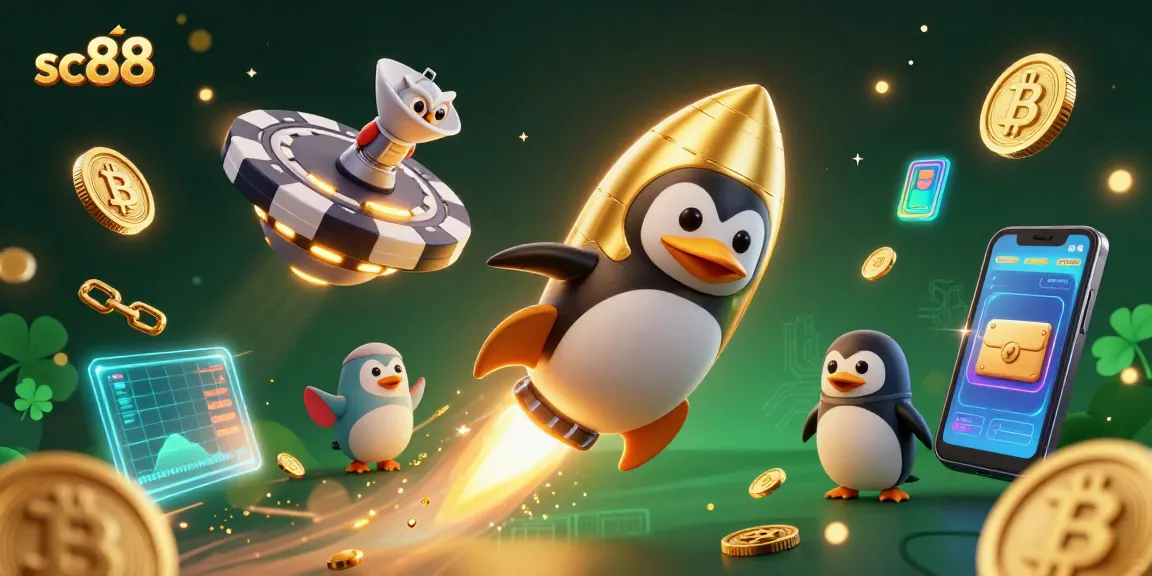 Experience the thrilling world of sc88 as a golden penguin rockets through a cosmic casino.