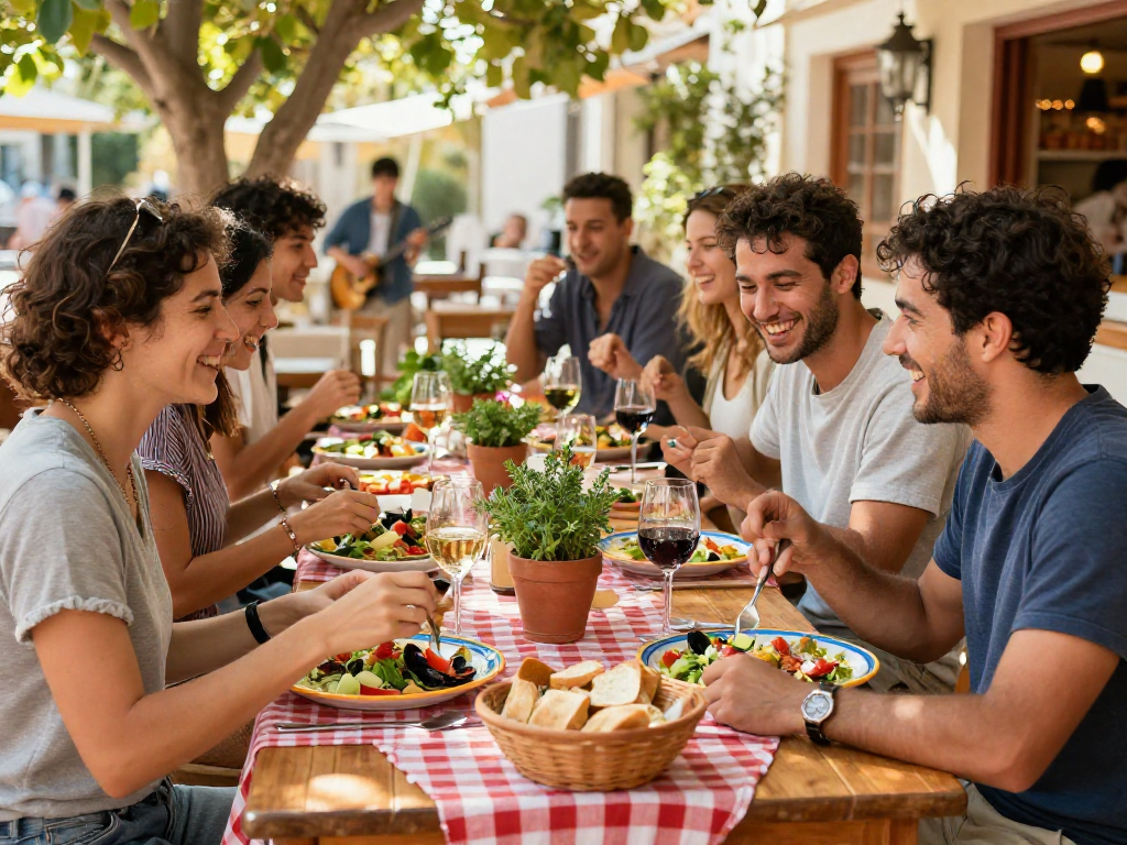 Best ensalada mixta near me served at a lively Mediterranean restaurant with fresh ingredients on colorful plates.