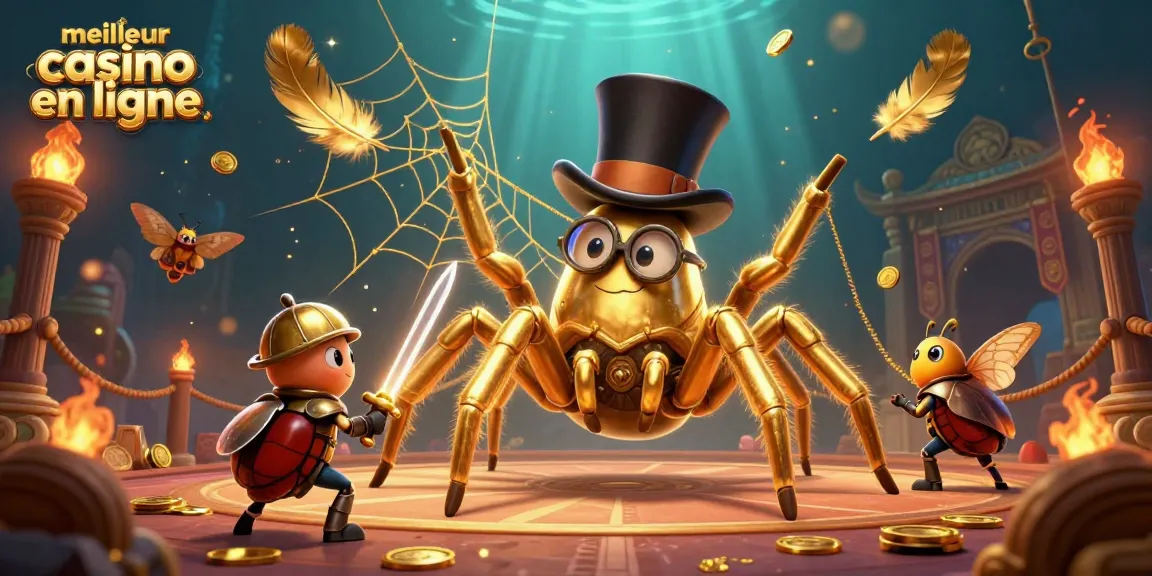 Vivez l'excitation du meilleur casino en ligne avec une scène vibrante de jeu, mettant en avant un tarantule dorée et un chevalier