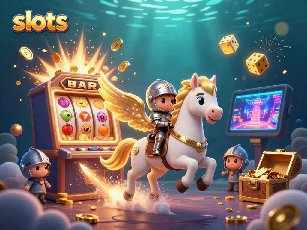 Experience thrilling slots action with a celestial horse and knight surrounded by vibrant casino elements.
