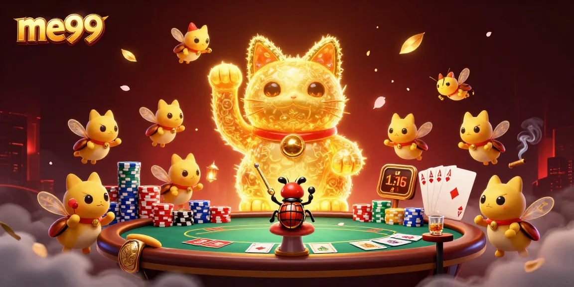 Experience me99's vibrant gaming action with a lucky cat and poker elements in a dynamic casino scene.