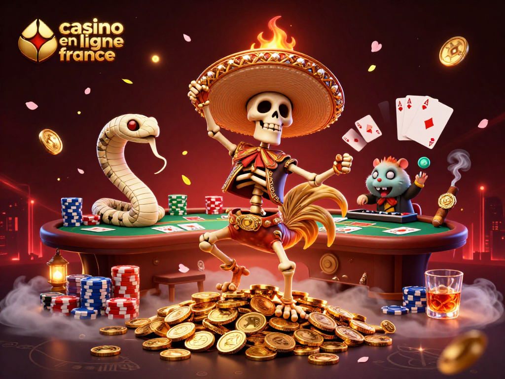 Vibrez avec le casino en ligne france : un coq et un serpent momifié entourent des jetons colorés!