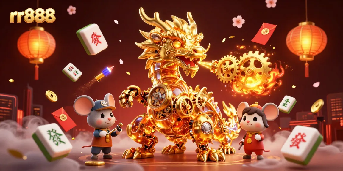 rr888 winning with a golden dragon and vibrant casino elements captivating players in a dynamic illustration.
