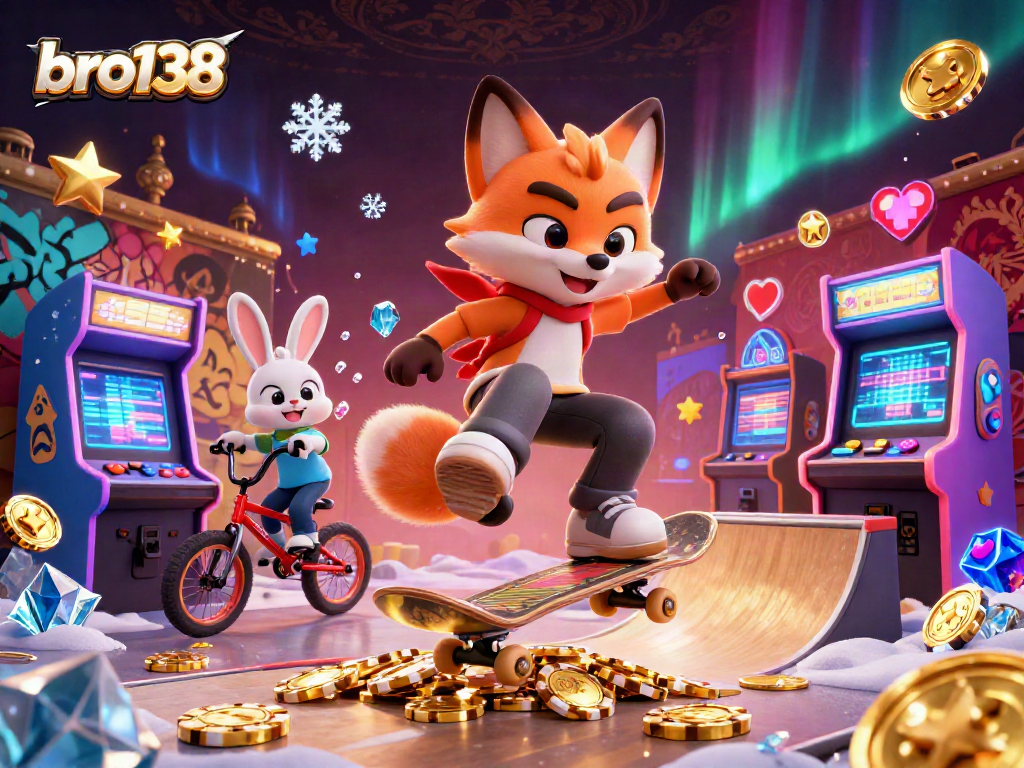 Experience thrilling action at bro138 with a skateboarder fox and BMX rabbit in a vibrant casino scene.