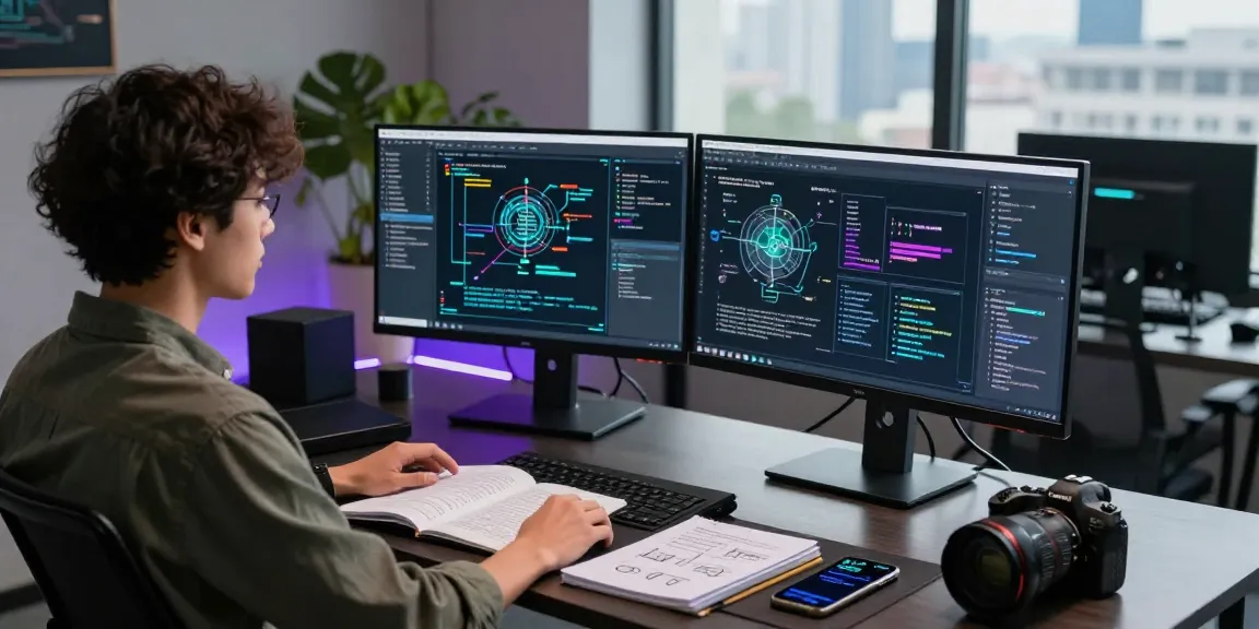 AI 18+ developer working on advanced machine learning models in a tech-forward workspace filled with coding tools.