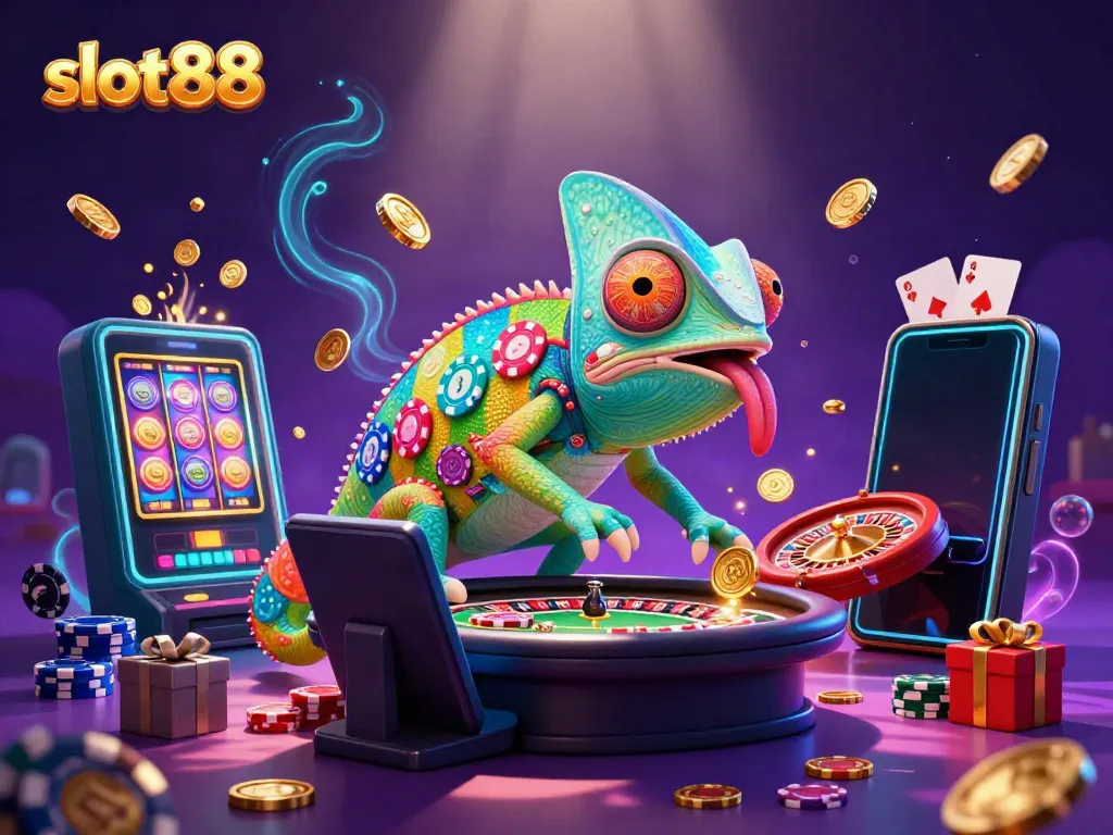 Experience the thrill of slot88 casino with a dynamic chameleon owner and vibrant game elements.