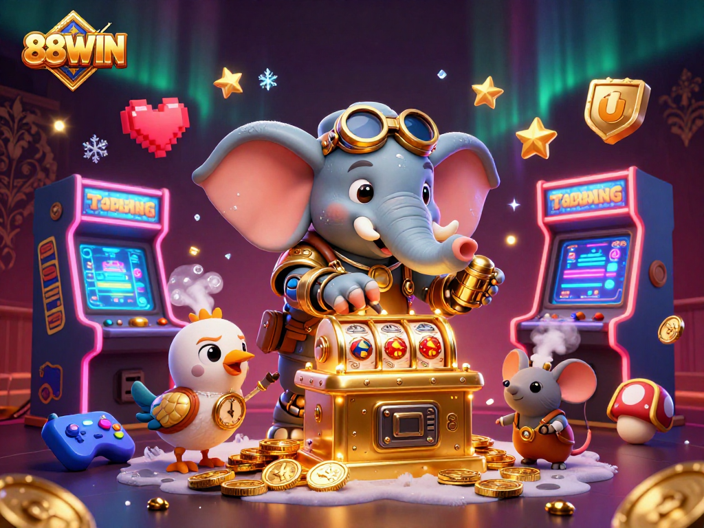 Engage with exciting slot machines at 88WIN featuring steampunk characters in a vivid gaming scene.