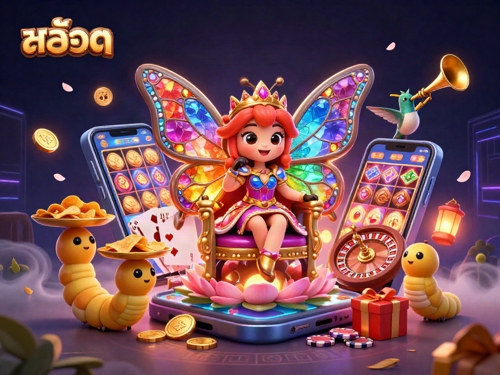 Experience สล็อต excitement with a vibrant 3D casino scene featuring a butterfly queen and slot game elements.