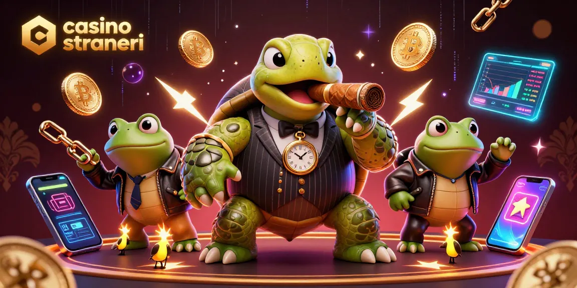 Immagine dinamica di un casino online stranieri con tartaruga e rane in costume, circondate da elementi di criptovaluta e giochi.