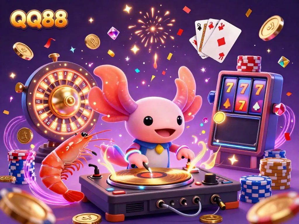 Join the action at QQ88 with vibrant characters celebrating online casino excitement in a colorful, dynamic festival scene.