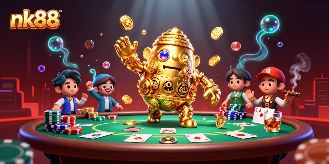 Join the action at nk88 with a golden golem, vibrant poker scene, and abundant game elements.