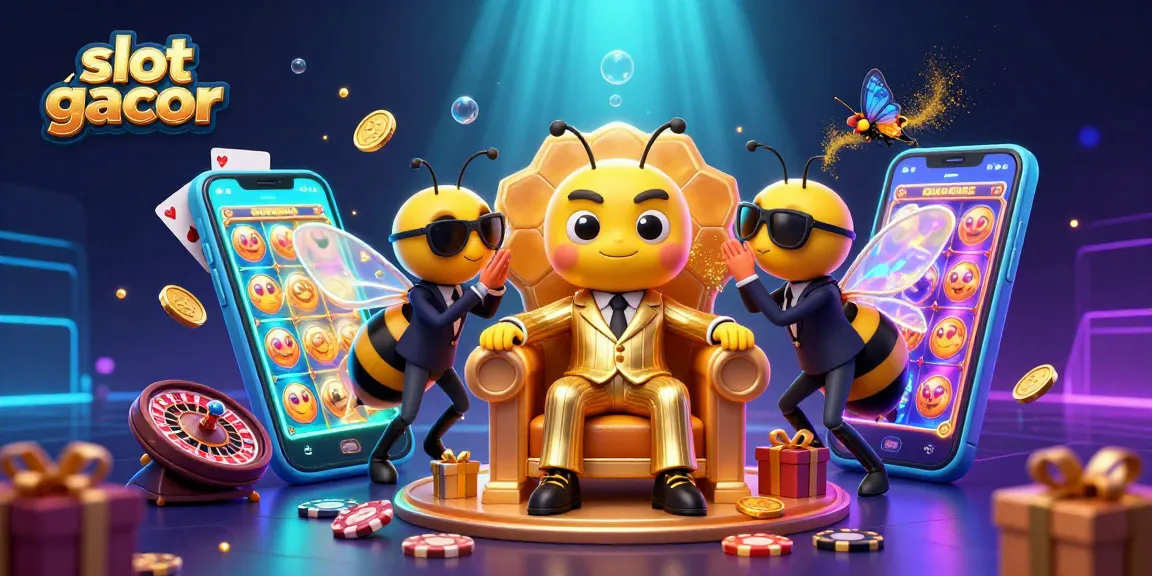 Engage with slot gacor excitement in a dynamic illustration featuring playful casino characters and vibrant game elements.