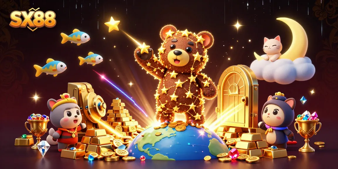 SX88 platform features a dynamic casino scene with a constellation bear and gold treasures.