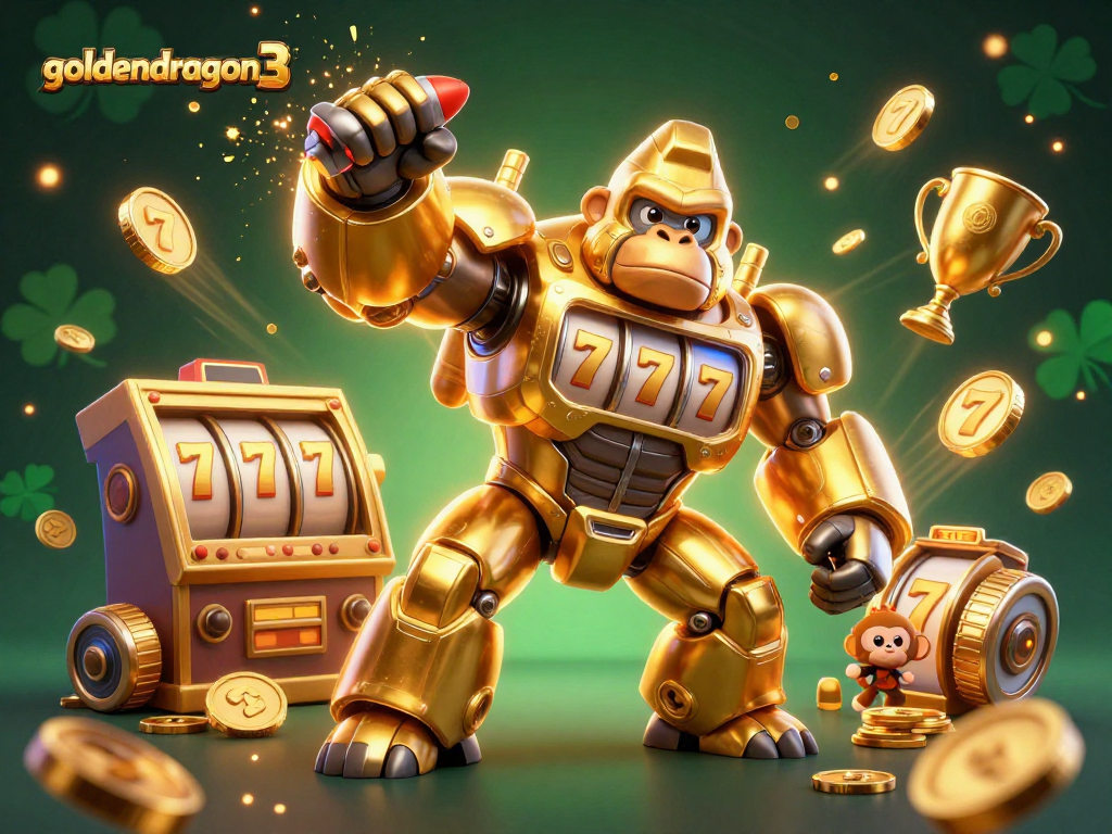 Engage in thrilling gameplay with goldendragon3 featuring a golden gorilla mech and exciting slot elements.