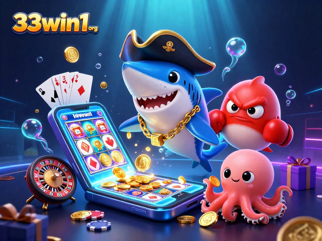 Engage with 33win1 org's vibrant casino scene featuring a playful pirate shark and friends.