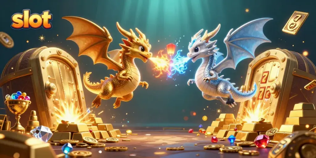 Bermain slot di dunia fantasi dengan naga, harta karun, dan simbol keberuntungan.