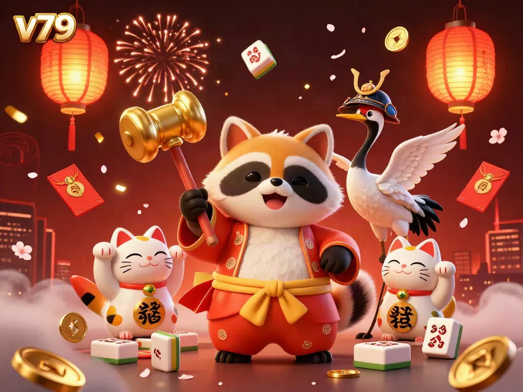 Engage with vibrant casino excitement in the v79 illustration featuring a lucky tanuki, charming crane, and waving fortune cats amidst festive gaming elements.