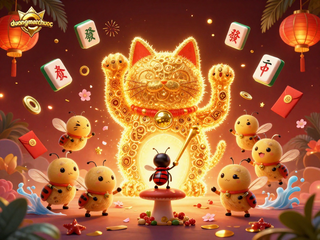 Immerse in the vibrant, animated world of duongmatchuoc, where a lucky cat symbolically waves amidst casino elements.