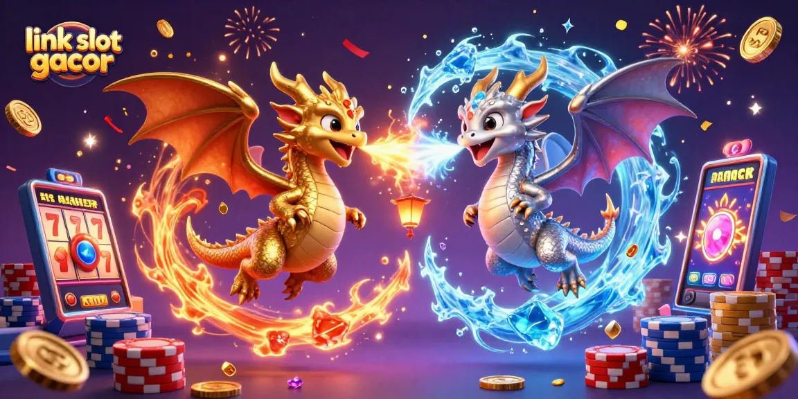 Visualisasi penuh warna dengan tema link slot gacor menggunakan naga 3D dan elemen kasino.
