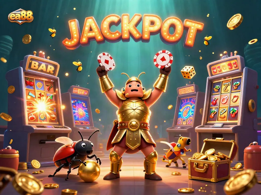 ea88 thể hiện chiến thắng trong trò chơi casino với biểu tượng JACKPOT lấp lánh.