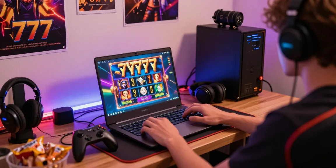 Player enjoying slot777 online gaming experience with colorful graphics and gaming accessories in a cozy environment.