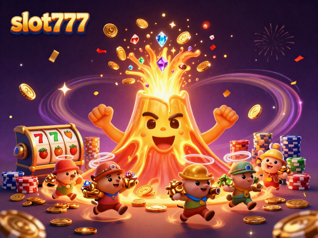 Experience slot777 excitement with a vibrant eruption of coins and treasures in this dynamic casino scene.