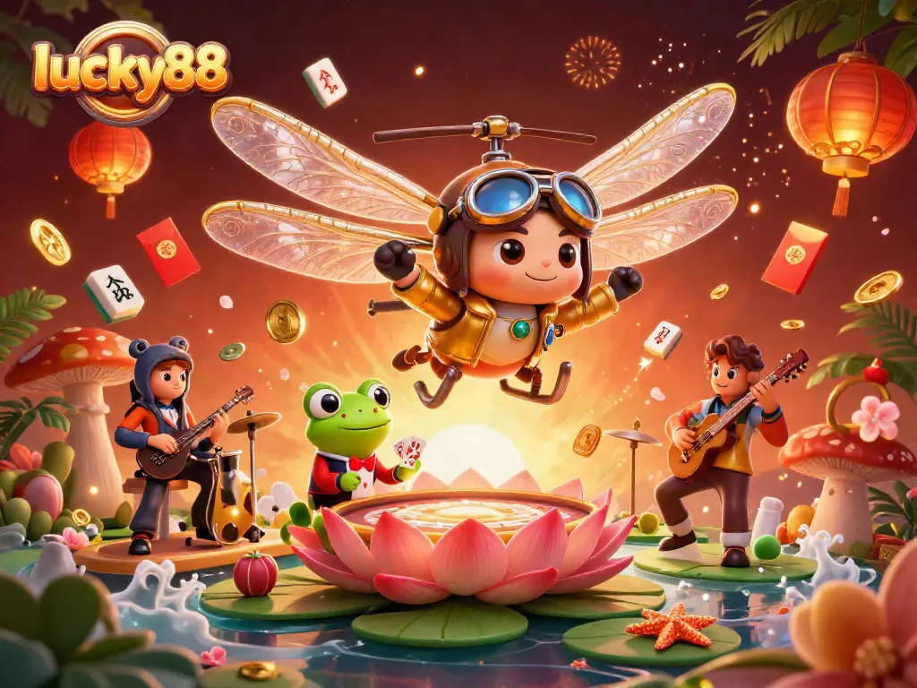 Experience the excitement of lucky88 with a vibrant casino scene featuring a dragonfly pilot and frog croupier.