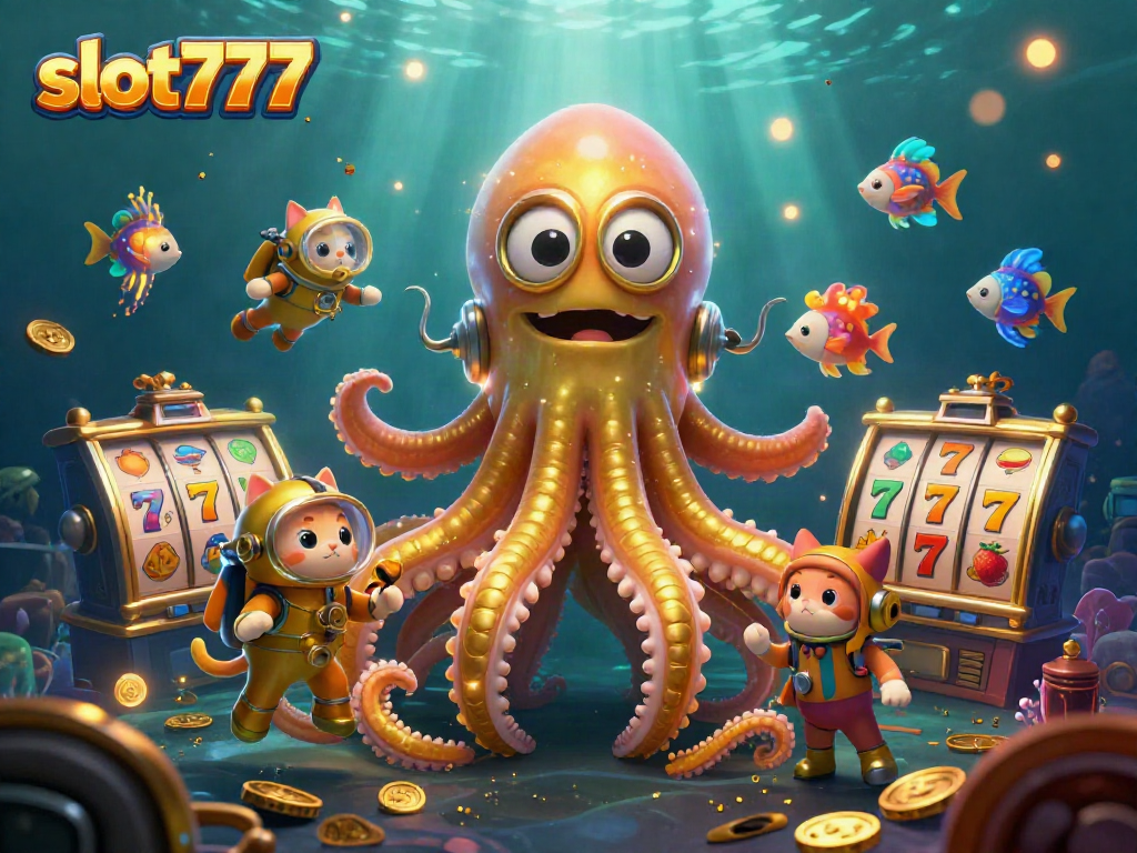 Spin and win at slot777 with a kraken, diving cat, and vibrant slot elements in a lively scene.