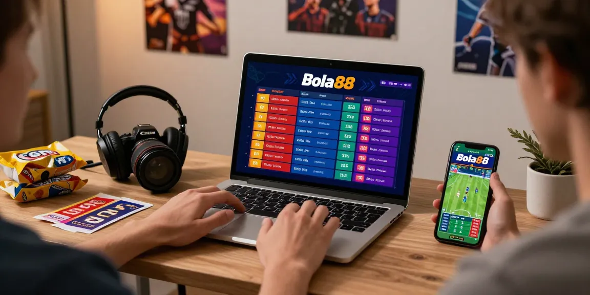 Bola88 online betting user engaging with colorful betting slips in a dynamic home setting.