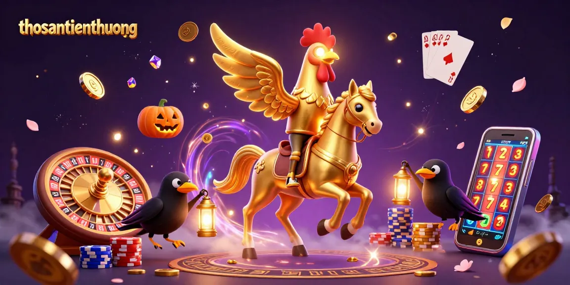 Join the excitement at thosantienthuong as golden roosters and crows navigate a dazzling casino backdrop.